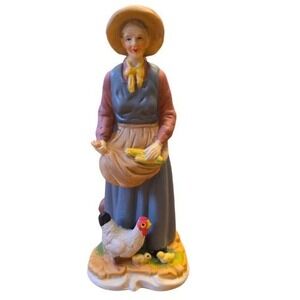 Vintage 7.5" Ceramic Farm Woman Figurine Chickens Corn Harvest Rustic Decor Box